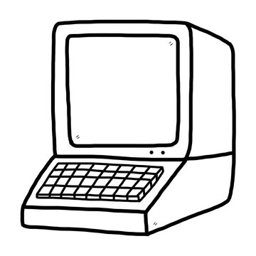 retro computer / cartoon vector and illustration, black and white, hand drawn, sketch style, isolated on white background.