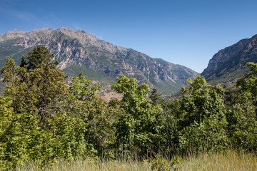 
Beautiful landscape view of Provo Canyon with light blue sky and vibrant green plants trees in...