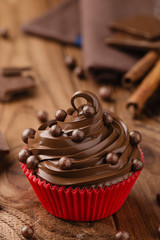 Homemade chocolate cupcake with chocolate chips in red cup