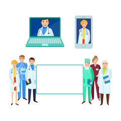 vector flat cartoon adult male, female doctors, head physician in laptop, smartphone nurse holding clipboard, stethoscope smiling set empty white poster. Isolated illustration on a white background.