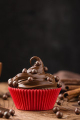 Homemade chocolate cupcake over black background with copy space