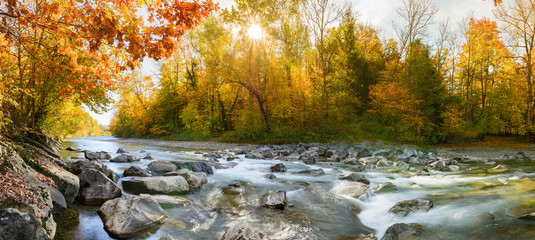 Idylle Panorama im Wald im Herbst am Wasser - Farbe im Wald am Fluss