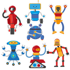 vector flat funny friendly robots set. Humanoid male characters with arms, legs, wheels or rollers crawler tracks and antennas . Isolated illustration on a white background.