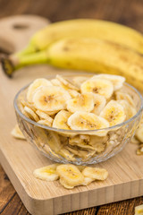 Dried Banana Chips close-up shot, selective focus