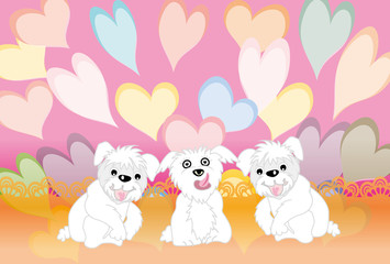 可愛い犬とハートのイラストのグリーティングカード