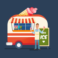 Seller sweet ice cream, sells at counter of the kiosk.