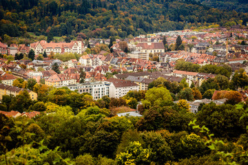 Fototapeta na wymiar Panorama picture from Freiburg Wiehre and Freiburg Littenweiler taken from the Schlossberg