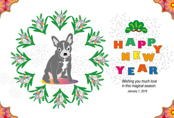 可愛い犬とお花のイラスト年賀状テンプレート戌年２０１８