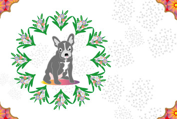 可愛い犬とお花のイラストのメッセージカード
