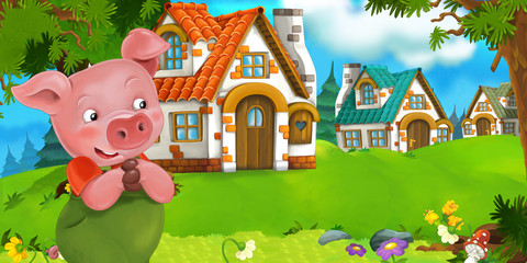 Cartoon scene pig farmer near traditional village - illustration for children