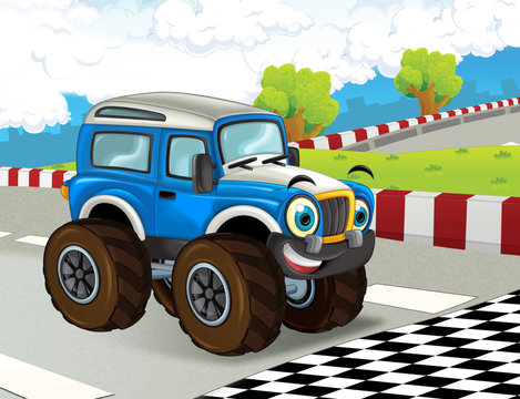 cartoon scene with happy smiling monster truck on the finish line illustration for the children © honeyflavour