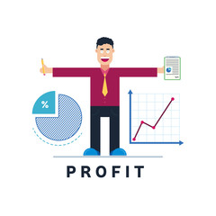 the young business man character in t-shirt with tie with his hands are set aside . star up Icons chart and profit diagram near his body