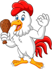 Cartoon rooster holding fried chicken and giving OK sign