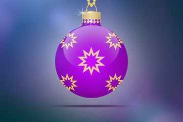 Eine lila Weihnachtskugel mit Sternen Ornamenten hängend mit Blendenflecken