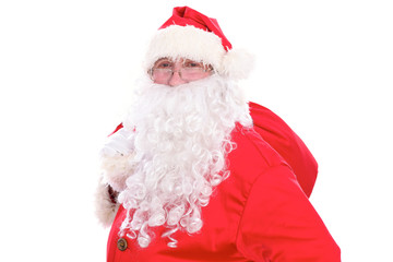 Kind Santa Claus carrying big bag, isolated on white background