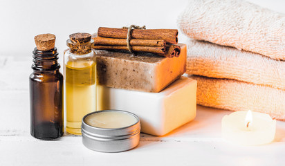 Preparation for spa treatments on white background