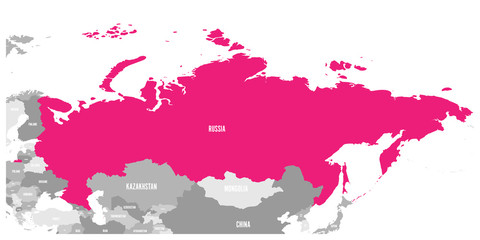 Political map of Russia and surrounding countries. Highlighted by pink. Vector illustration.