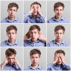 Fototapeta premium Set of young man's portraits with different emotions