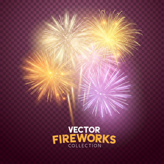 A set of Isolated bursting vector fireworks in pink and gold, holiday celebration symbols!