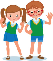 Fototapeta premium Two students of elementary school boy and girl in full length