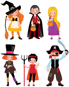 Set fabulous Halloween characters. Boys and girls in the costumes of a Halloween party. Vector cartoon illustration.