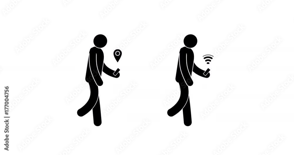 Poster pictogram man walking cycle with smartphone in hand. two options - with gps and wi-fi signal. looped