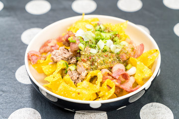 Crispy wonton and bacon with spicy sauce