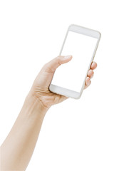 close up hand holding phone mobile isolated on white background,File contains a clipping path