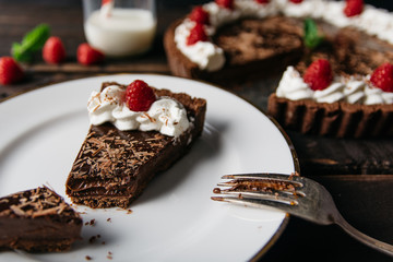 Broken slice of chocolate tart in a plate