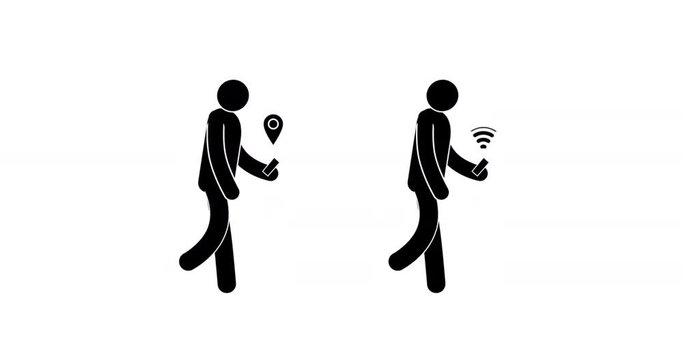 Pictogram man walking cycle with smartphone in hand. Two options - with GPS and Wi-fi  signal. Looped seamless animation with alpha mask