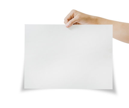 Close up hand holding blank white paper card on white background. File contains a clipping path.