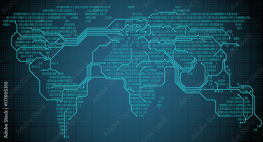 Poster abstract world map with digital binary continents, cities and connections in the form of a printed c