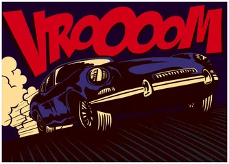 Schneller Sportwagen im Pop-Art-Comic-Stil, der mit voller Geschwindigkeit mit Vroom Onomatopoeia-Vektorillustrationsplakatdesign fährt © durantelallera