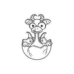 vector flat cartoon funny dragon kid, baby with horns and wings hatching from egg. Isolated illustration on a white background. Fairy mysterious cute creature character for coloring book design