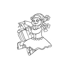 vector flat monochrome hand drawn christmas elf girl sitting with present box gift smiling. Fairy holiday character in christmas santa hat Isolated illustration on a white background for coloring book