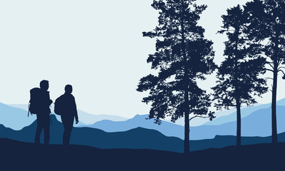 Vector illustration of a mountain landscape with trees and a human being photographed under a blue-gray sky
