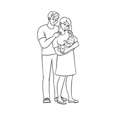 vector flat monochrome adult couple and infant baby. Isolated illustration on a white background. Flat family characters. Adult smiling man, cute woman in dress, newborn baby for coloring book design