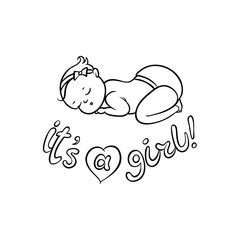 vector flat monochrome style newborn cute infant baby boy toddler in diaper or nappy sleeping lying on his back, it's a girl inscription. Isolated illustration on a white background for coloring book