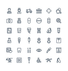 Vector thin line icons set and graphic design elements. Illustration with medical, medicine and healthcare outline symbols. Dentist, health, ambulance, care, doctor, pill, stethoscope linear pictogram