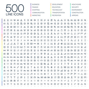 Vector illustration of 500 thin line business icons. Finance, shopping, communication technology, market, app develop, education, transport, healthcare, environment and security. Flat symbols set