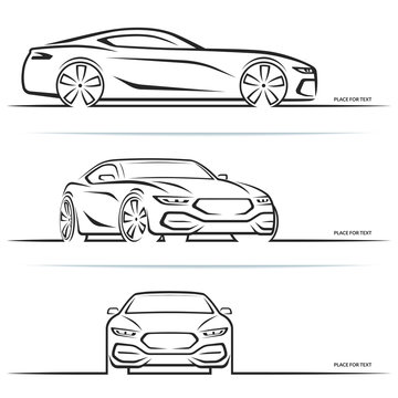 Vector sports car silhouette. Side, perspective and front view.