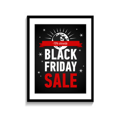 Black friday sale poster in frame on white wall. Black Friday sale inscription design template. Sale -70% sitewide.
