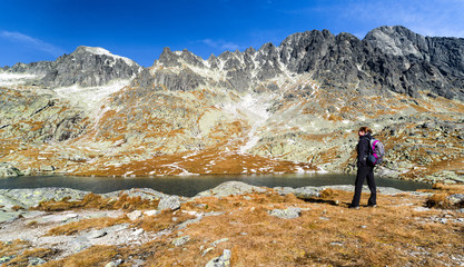 Fototapeta premium Lonely woman in alpine mountains