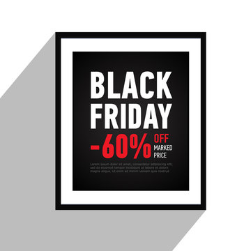 Black Friday sale poster on wall. Sale 60% off sitewide. Black banner in flat style. Shopping online. Advertising banner