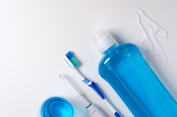 Dental hygiene. Toothbrush, mouthwash, dental floss, oral irrigator.