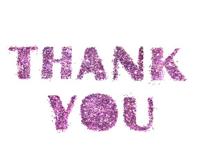 Thank You, letters of purple glitter isolated on white background