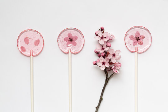 Homemade cherry blossom lollipops
