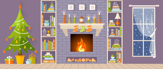 New Year and Christmas interior with a fireplace and a Christmas tree. Vector illustration. Card.