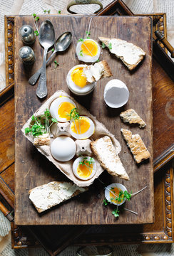 Eggs and toast for breakfast.