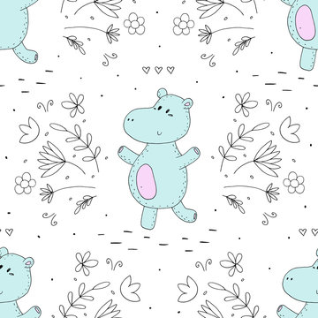 Seamless pattern with cute hippo. vector print.